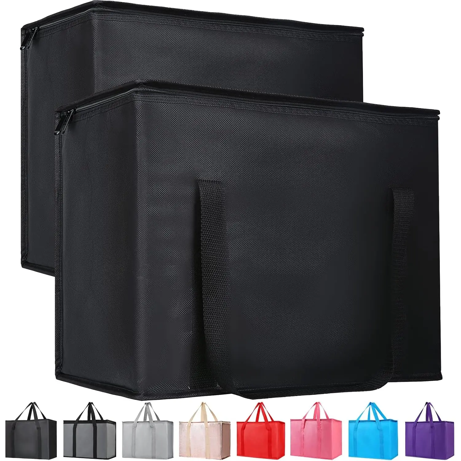 2-Pack Insulated Reusable Grocery Bag with Zippered Top, X-Large Frozen Foods Cold, Cooler Shopping Accessories, Insullated Bags, Black