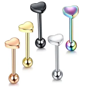 316L Stainless Steel 14G Heart Barbell Tongue Piercing