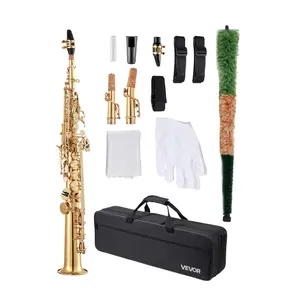 VEVOR 23-Key B-Flat Straight Brass Soprano Saxophone Beginner Tool Kit, with Carrying Case, Mouthpiece, Cleaning Cloth Rod, Gloves, Neck Strap, Gold Finish for Beginners