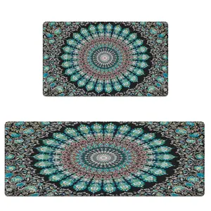 Mandala Kitchen Rug Mats for Floor Cushioned Anti Fatigue Colorful Ceramic Tile Kitchen Rugs Sets of 2 Non Slip Waterproof Comfort Memory Foam Standing Floor Mat for Laundry Sink Desk