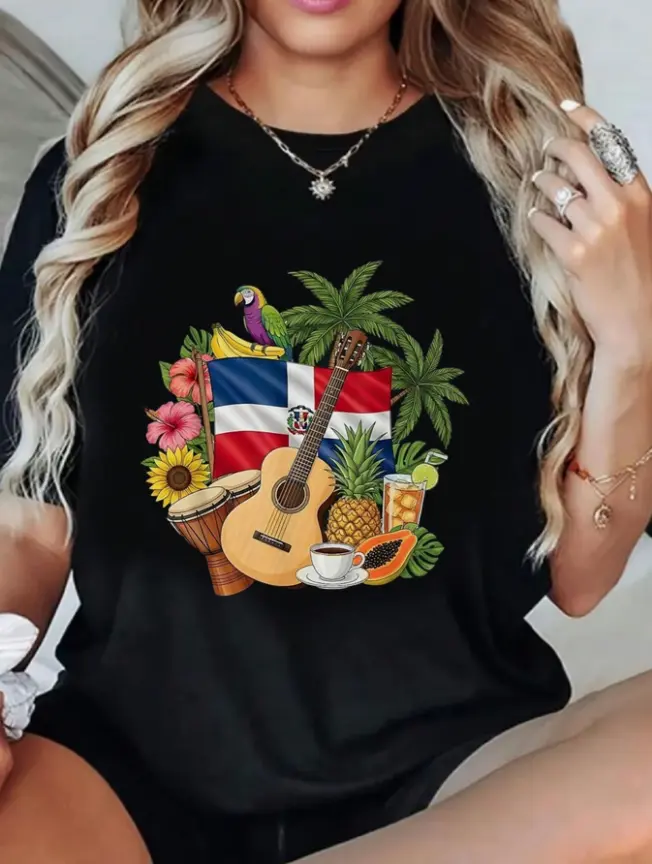 Women’s Oversize Cotton Round Neck Short-Sleeve Tops - Dominican Republic Flag Print, Tropical Parrot Guitar Fruit Cultural Design, Soft Breathable Heat Transfer Loose Style, For Caribbean Beach Vacation Heritage Party Outfits
