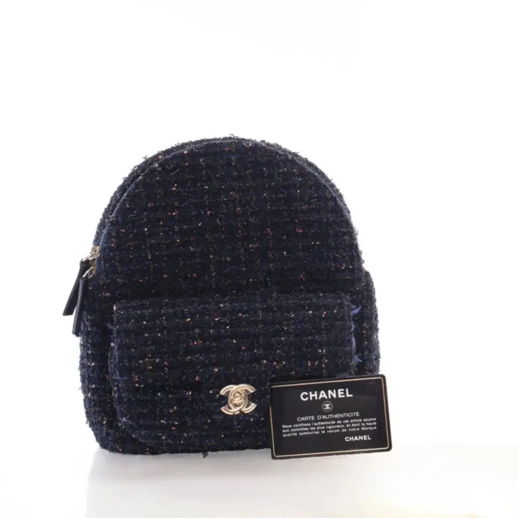 Pre-owned CHANEL Tween and Leather Backpacks Fantasy Navy Tweed Backpack with Leather Adjustable Straps & Gold Toned Hardware 8"x 9"x 5"