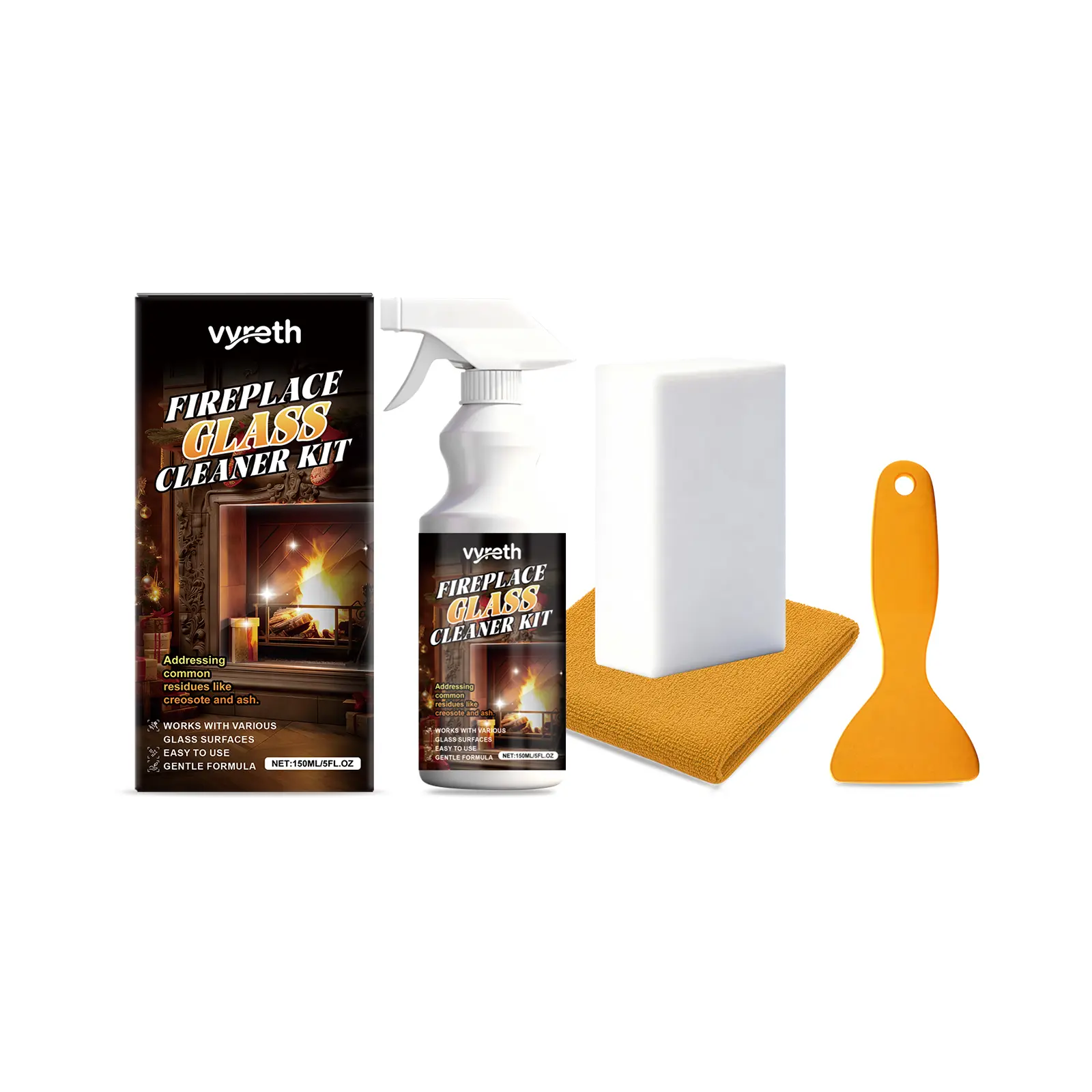 150Ml / 5 Fl.oz Household Fireplace Glass Cleaner Kit, Decyl Glucoside Liquid Spray Solution with Towel and Gloves, Easy to Use for Burn Residue Stain Removal, No Special Skills Required