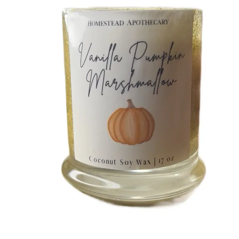 Homestead Apothecary Vanilla Pumpkin Marshmallow 13 oz Gold Glitter Candle with Creamy Vanilla Warm Pumpkin & Fluffy Toasted Marshmallow Scent