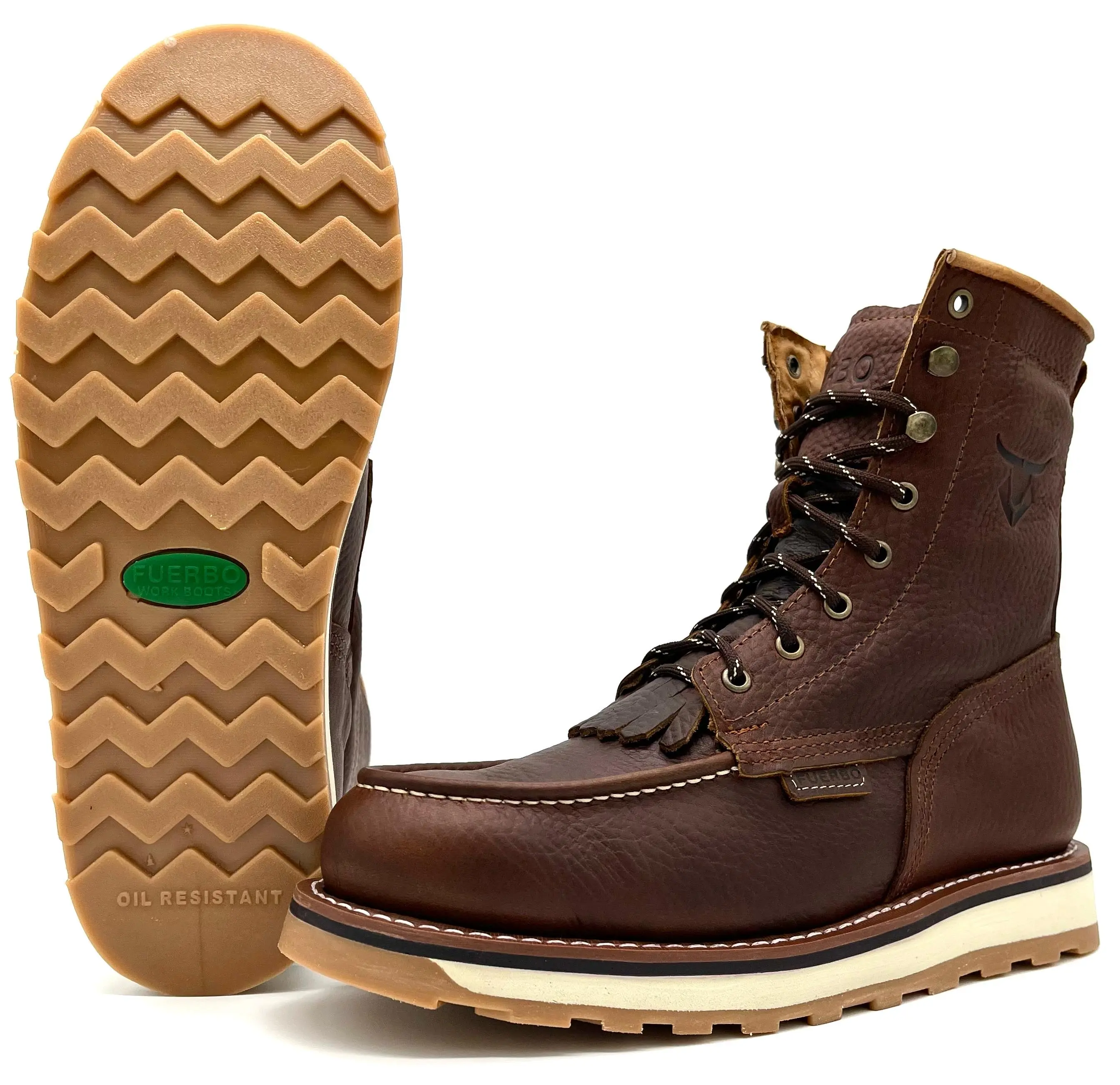 Fuerbo Heritage Lacer Moc Toes 8 Inch Work Boot Dual Density Goodyear Welt Sole Anti-Slip Oil & Slip Resistant Anti-Fatigue Comfort Ocher Brown L-50