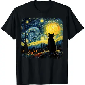 Y2K Summer Viral Print Oversized Graphic Vintage Unisex TeeCat Starry Night Van Gogh Cat for Lover Mom Dad T-Shirt 100% Cotton Crewneck Casual