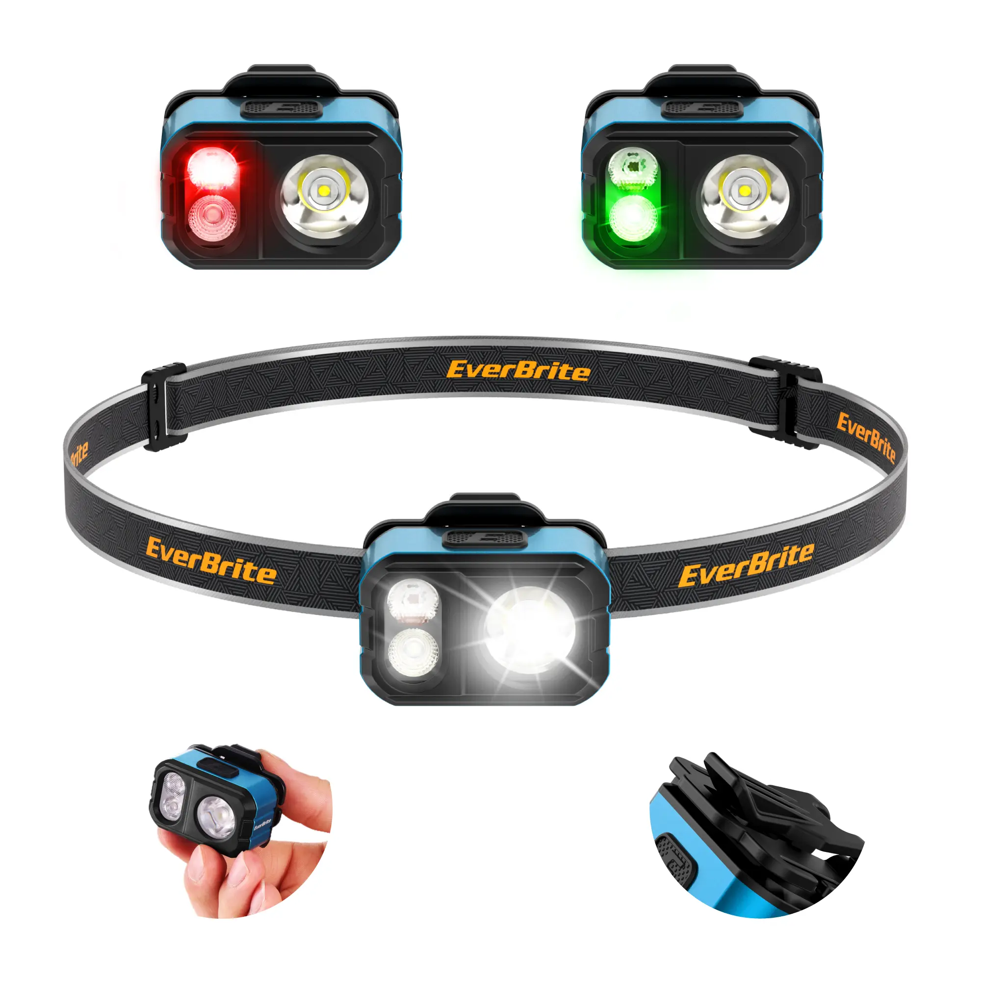 #backtoschool EverBrite 400LM Rechargeable Headlamp, 1.59 oz Lightweight & Comfortable Head Lamp with Hat Clip, IP67 Waterproof, White/Red/Green Light, 7 Modes for Running, Camping and Backpacking-Blue