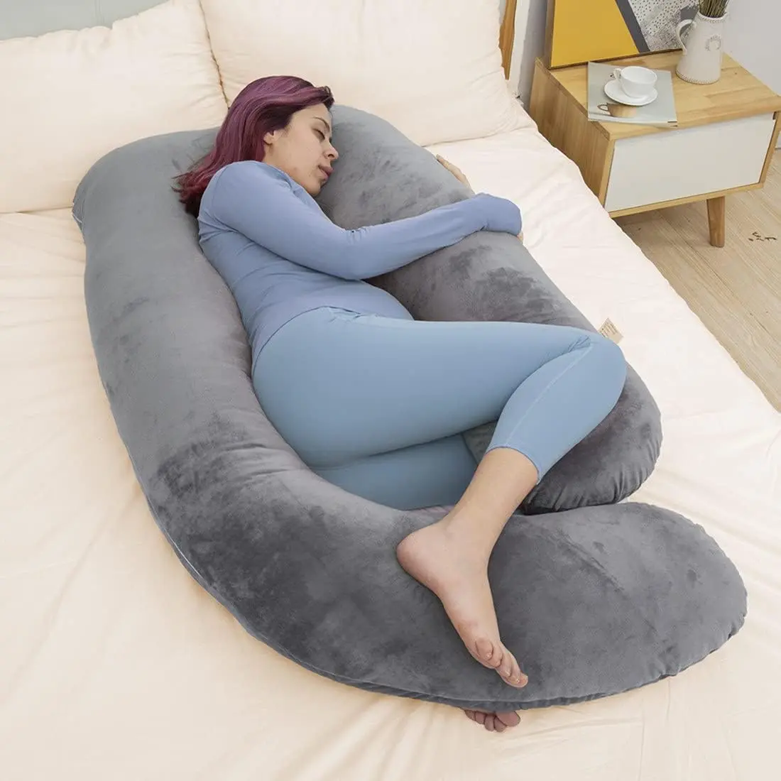 AIT Corp Grey Maternity Pillow for Pregnant Women - J Shaped Full Body Pillow with Velvet Cover, side sleep ,gift for pregnant,  pregnancy products, full body pregnancy pillow,  Maternity Pillow Cover with Lark Design,