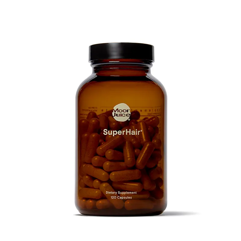 Moon Juice - SuperHair - Hair Growth Vitamins - Bottle (120 Capsules) - Multivitamins & Organic Ashwagandha - Reusable Glass Bottle - 3rd Party Tested - 100% Traceable - Vegan, Gluten Free, Non GMO