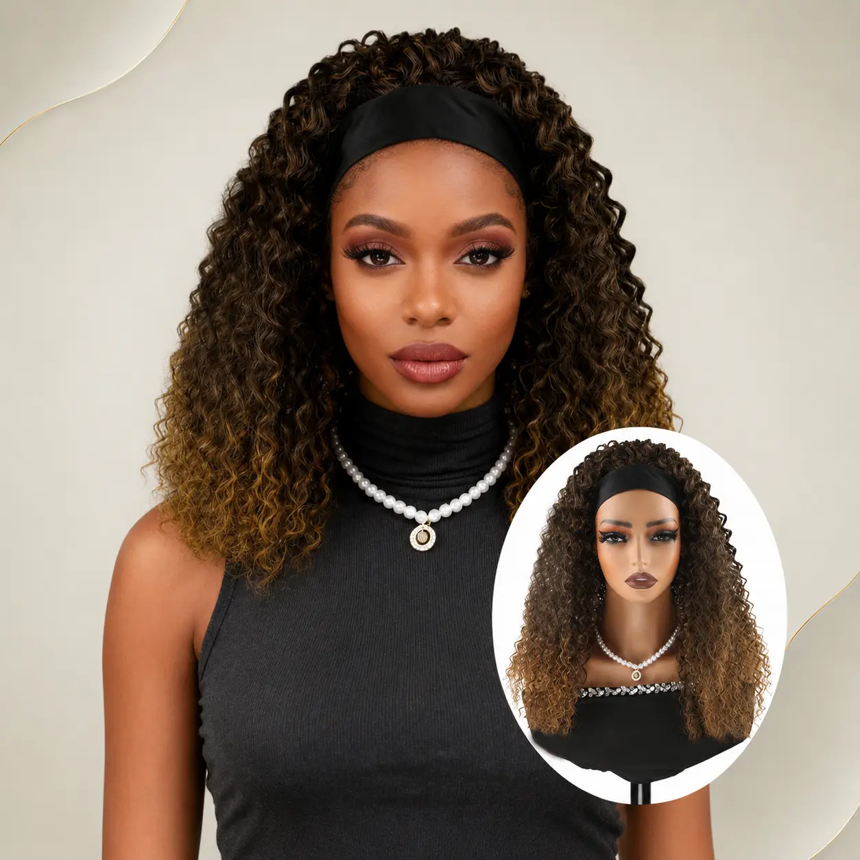 14 Inch Kinky Curly Headband Wig Synthetic Hair No Glue Afro Kinky Curly Scarf Wig With Headband 180% Density None Lace Front Wigs Easy To Wear