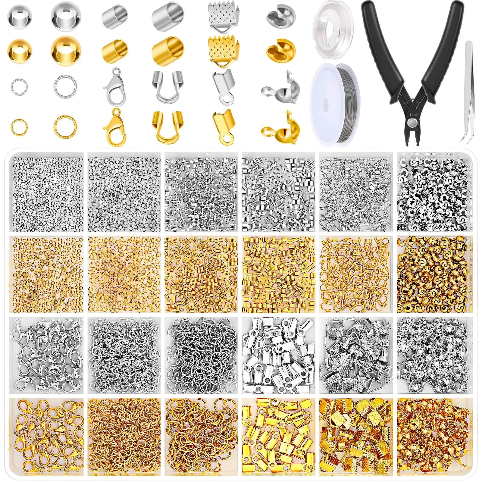 2384-Piece DIY Stainless Steel Jewelry Making Kit with Crimp Beads, Gold-Silver Clasps, Closures, Crimping Pliers, Jump Rings, Beading Wire, Elastic String, 24-Compartment Storage Container, Anti-Slip Grip Handles, High-Precision Grooves for Wire Crafting