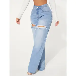 SHEIN SXY Single Button Cut Out Ripped Frayed Wide Leg Jeans SHEIN