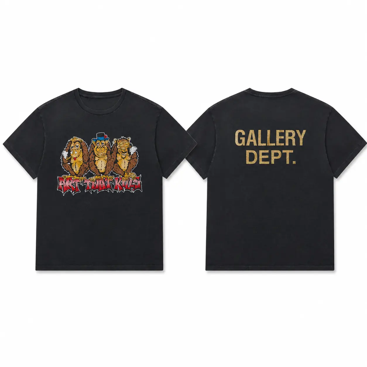 Gallery Dept Three Wise Monkeys Graphic T Shirt Black Front Back Print Vintage Streetwear Unisex Tee