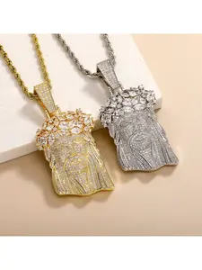 Iced Out Jesus Piece Pendant Necklace for Men, 18K Gold Plated Full CZ Diamond Hip Hop Chain with Rope Chain, Bling Rapper Jewelry Gift for Him, Fashion Pendants