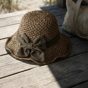 Versatile Retro Woven Straw Hat for Women with Ruffled Bow Elegant French Sun Hat Foldable Breathable Travel Beach Hat UV Protection Summer Outdoor Accessory