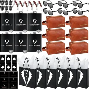 60Pcs Groomsmen Gifts Set of 6, Groomsmen Proposal Box with Flasks Sunglasses PU Leather Toiletry Bag Bottle Opener, Ideal Wedding Gifts for Groomsman Best Man