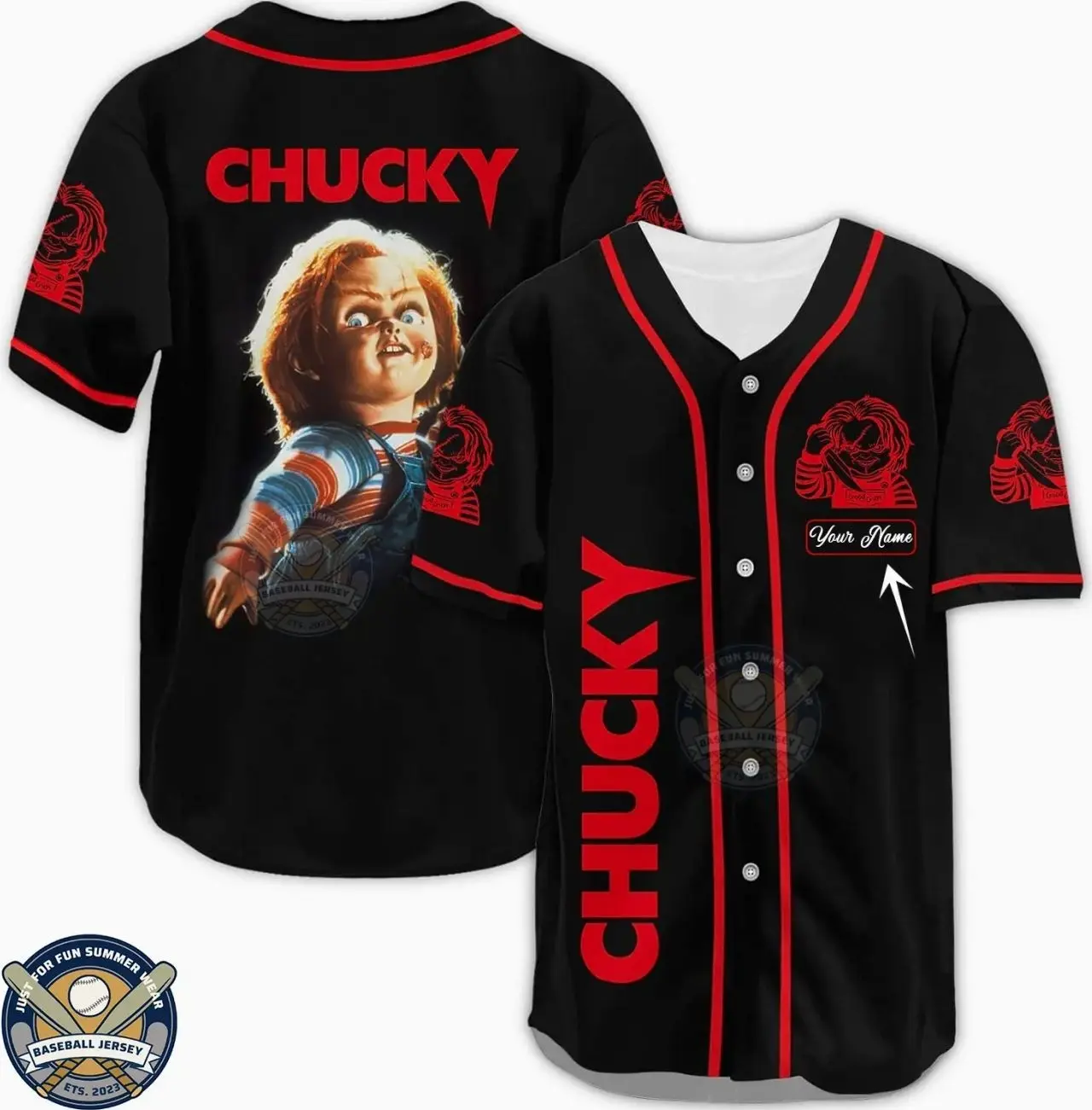 Characters Baseball Jersey, Personalized Custom Name Halloween Shirt Jerseys Breathable Men's Baseball Jersey 3D Printed Unisex Horror Chucky Outfit For Halloween Movie Gift Shirt