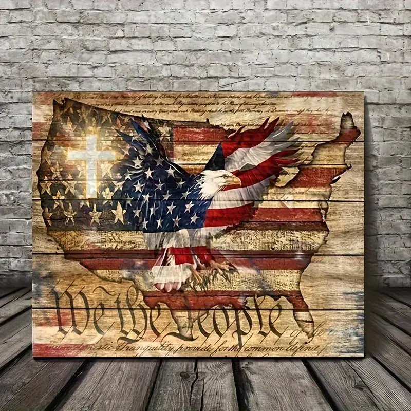 1pc American Patriotic Eagle Wall Art - Wooden Frame-Style Canvas Print with US Flag, We The People Design & Religious Cross Theme, Hangable Ready-to-Hang Decor for Bedroom, Living Room