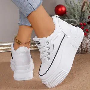 Women's White Platform Sneakers - Comfortable Thick Sole Casual Shoes with Lace-Up Design, Low-Top Height Increase for Casual Attire, Seasonal Versatility|     Sleek Lowtop Sneakers|     Cushioned EVA Footwear Trainer Closed