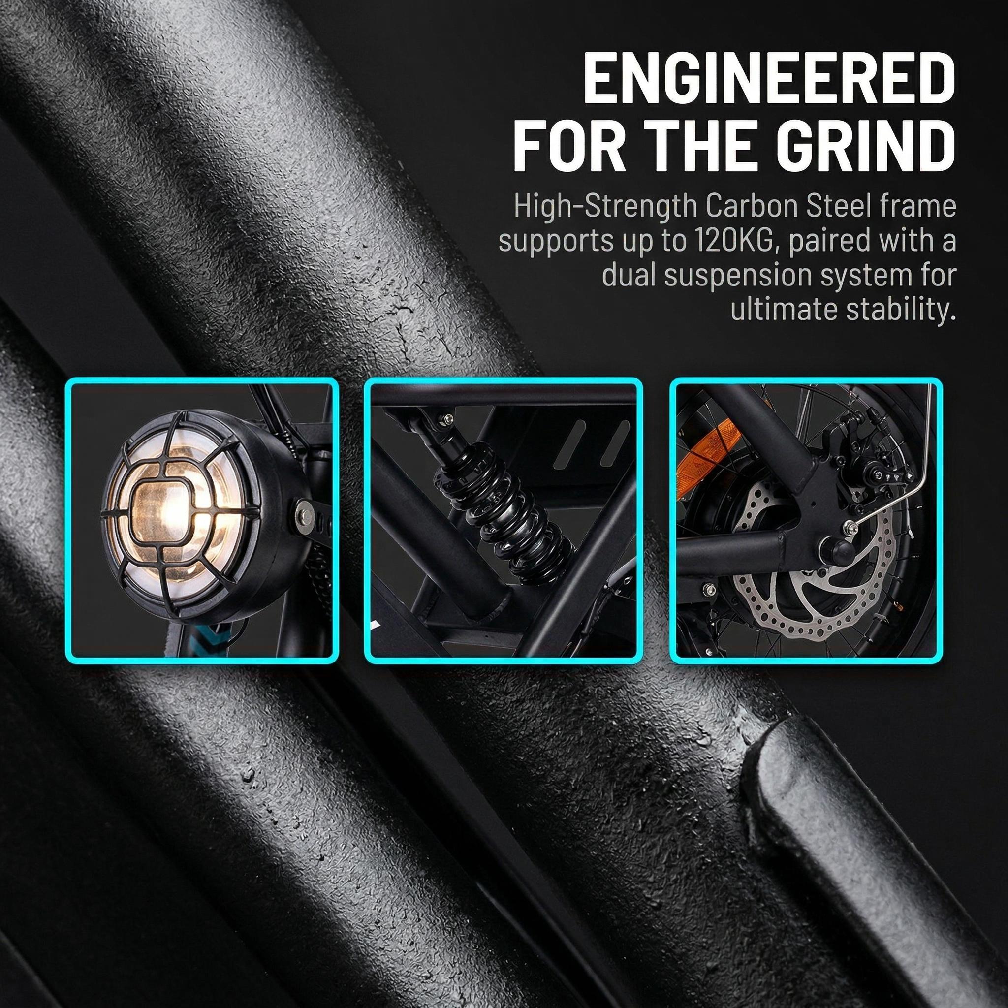 T16 Off-Road Electric Bike with 1000W Motor 50 Miles Range 21 MPH Max Speed High-Strength Carbon Steel Frame Front Suspension System for Rough Terrain