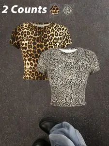 Women's Leopard Print Round Neck Crop Tee, Casual Short Sleeve Crew Neck T-shirt for Summer, Fashion Women's Top for Daily Wear, Womenswear, Fit, Streetwear