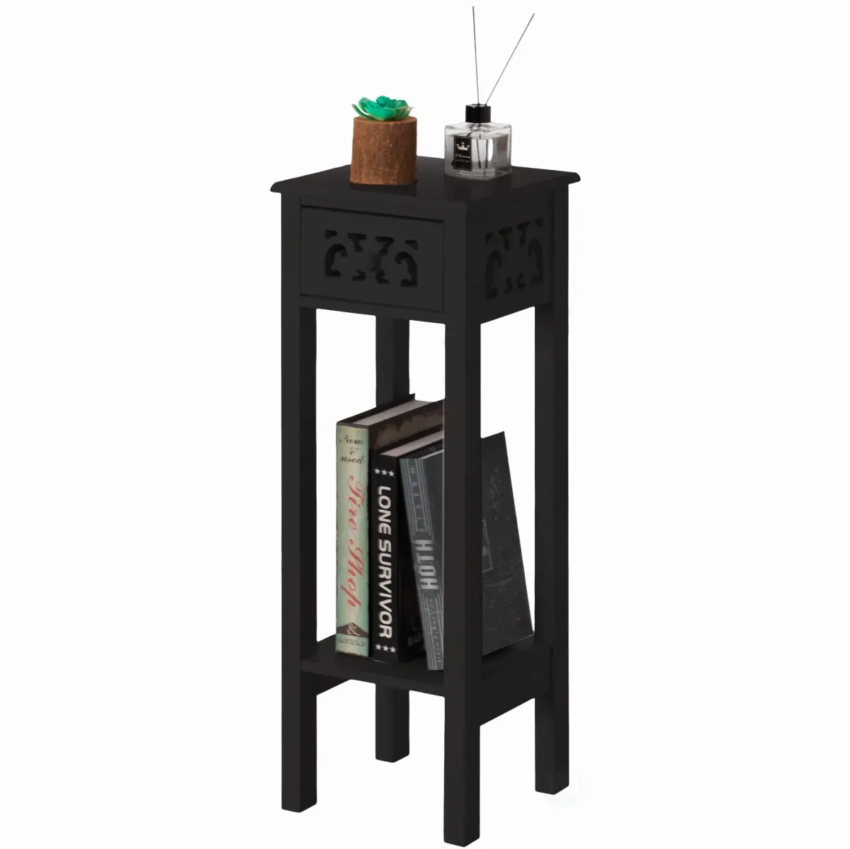 Basicwise QI004610.BK Acacia Wood Slim Bedside Table with Minimalist Design and Space-Saving Functionality, Wood Drawer and Open Shelf Side Table, Black, Acacia Bedside Tables, Minimalist Bedside Tables