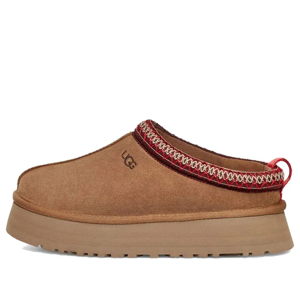 UGG Women's Tazz Classic Slipper, Chestnut Platform Shoe with Red Braid Detail, Casual Slip On Footwear, Female Fit