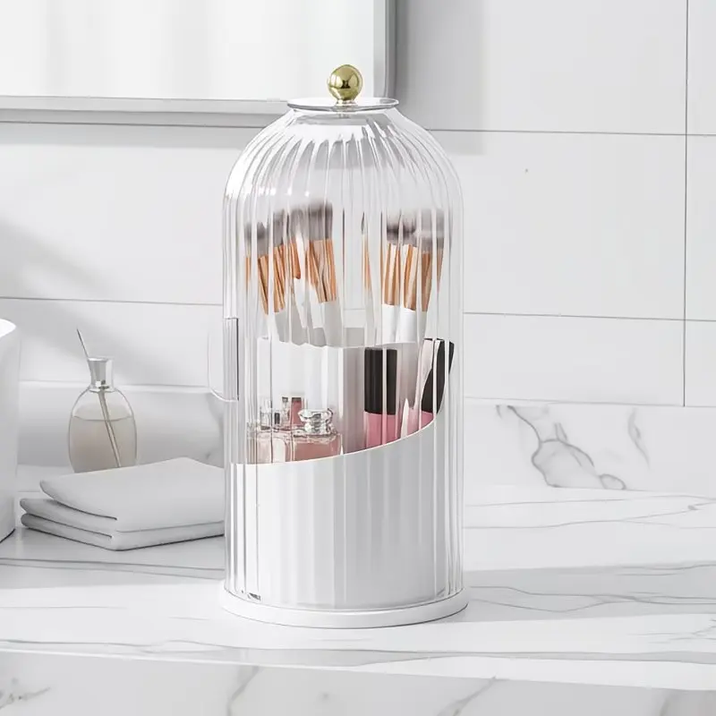Dustproof Makeup Brush & Toothbrush Organizer, 360° Rotating Bathroom Countertop Storage Box with Acrylic Cover, Vanity Organizer for Skincare, Cosmetics & Summer Home Essentials