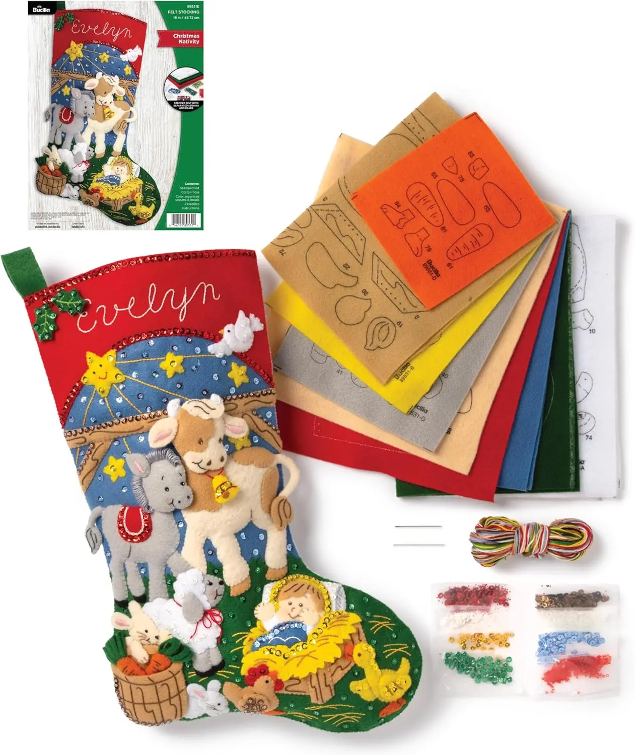 Bucilla Classic 18" Christmas Nativity Stocking Making Kit (89531E) - Cotton Felt Applique, Handmade Embroidery Needlepoint, Baby Jesus Design, Tradition in Stitch, DIY Kits, Basic Materials, Name It for Gift Festive Home Decor