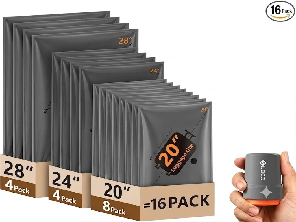 SUOCO Travel Vacuum Seal Bags with Cordless Electric Pump - 16-Combo Compression Packing Cubes, Double Zipper PA+PE Film Luggage Organizer (Airtight Valve, Water Resistant) for Compact Packing, Bag Organization, Back to School Shopping,dorm essentials
