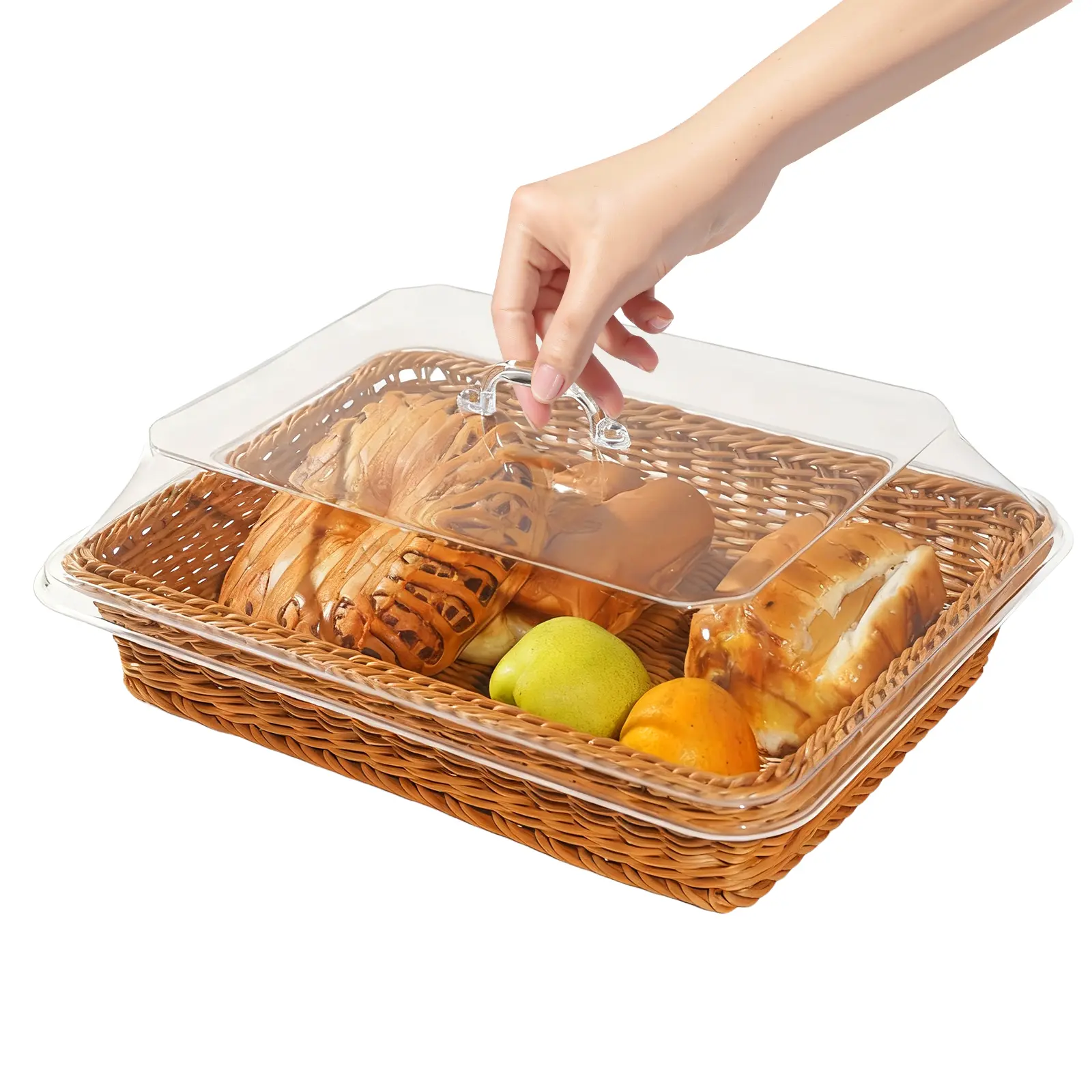 Imitation Rattan Wicker Bread Basket with Lid - 35cm×25cm Rectangle Home Storage Organizer, Tabletop Food Serving Basket for Kitchen, Restaurant Use