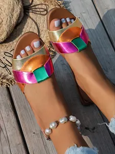 Women's Fashionable Colorblock PU Leather Slide Sandals, Casual Comfortable Flat Sandals for Summer, Female All-match Round Toe Sandals for Daily Wear, Casual Trendy Sandals, Colorblock Design Sandals, Shoe