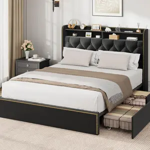 Garvee and Garvee Upholstered Platform Bed Frames in Black Velvet with Tufted Headboards, Multiple Storage Drawers, Nailhead Trim, Sturdy Metal Frame, Wooden Slats, No Box Spring Needed, Easy Assembly, King and Queen Sizes