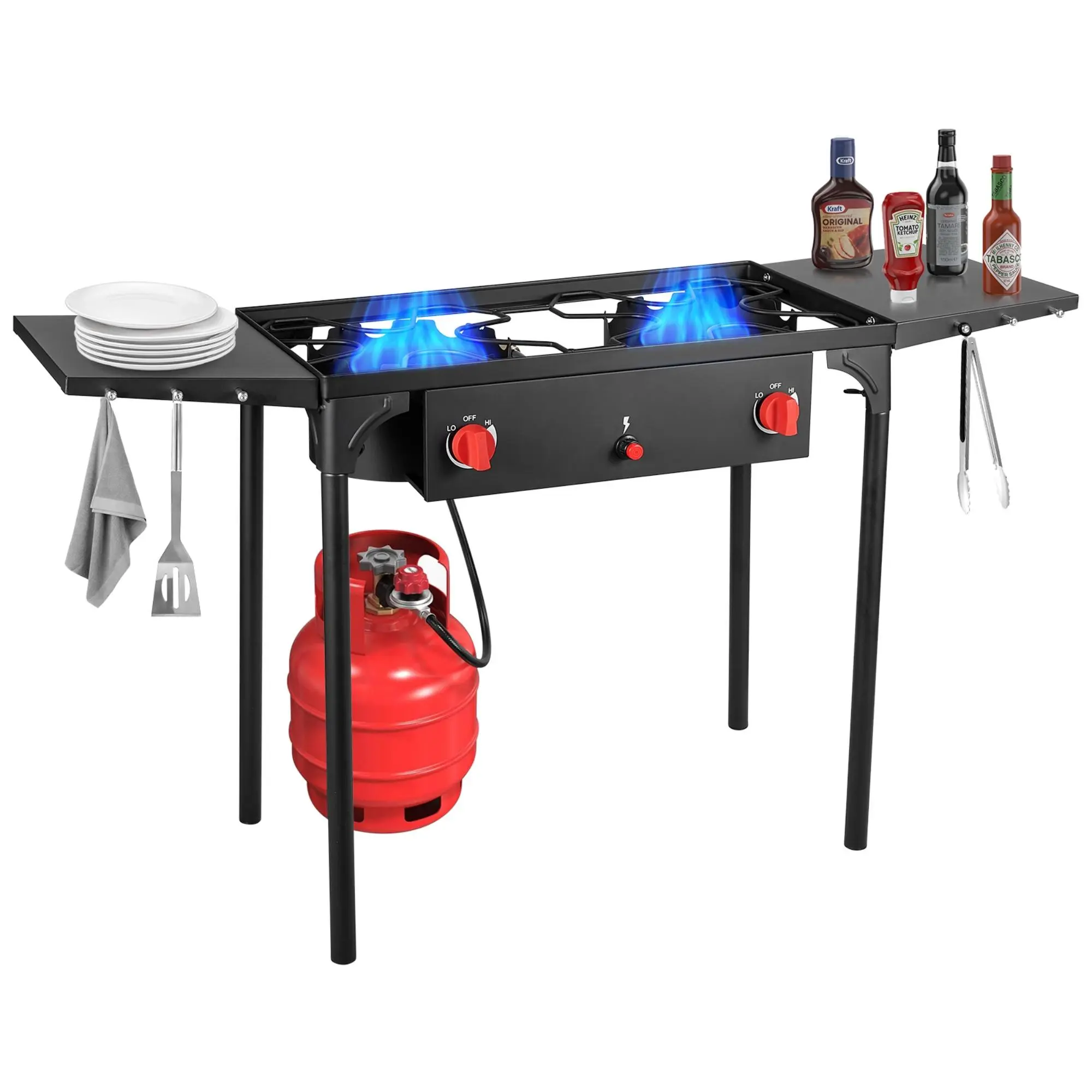 BESTFIRE 150K BTU Dual Burner Propane Stove – Heavy Duty Outdoor Cooker with Side Shelves & Adjustable Regulator, Detachable Legs for Backyard BBQ, Camping Grill, Turkey Frying & Home Brewing