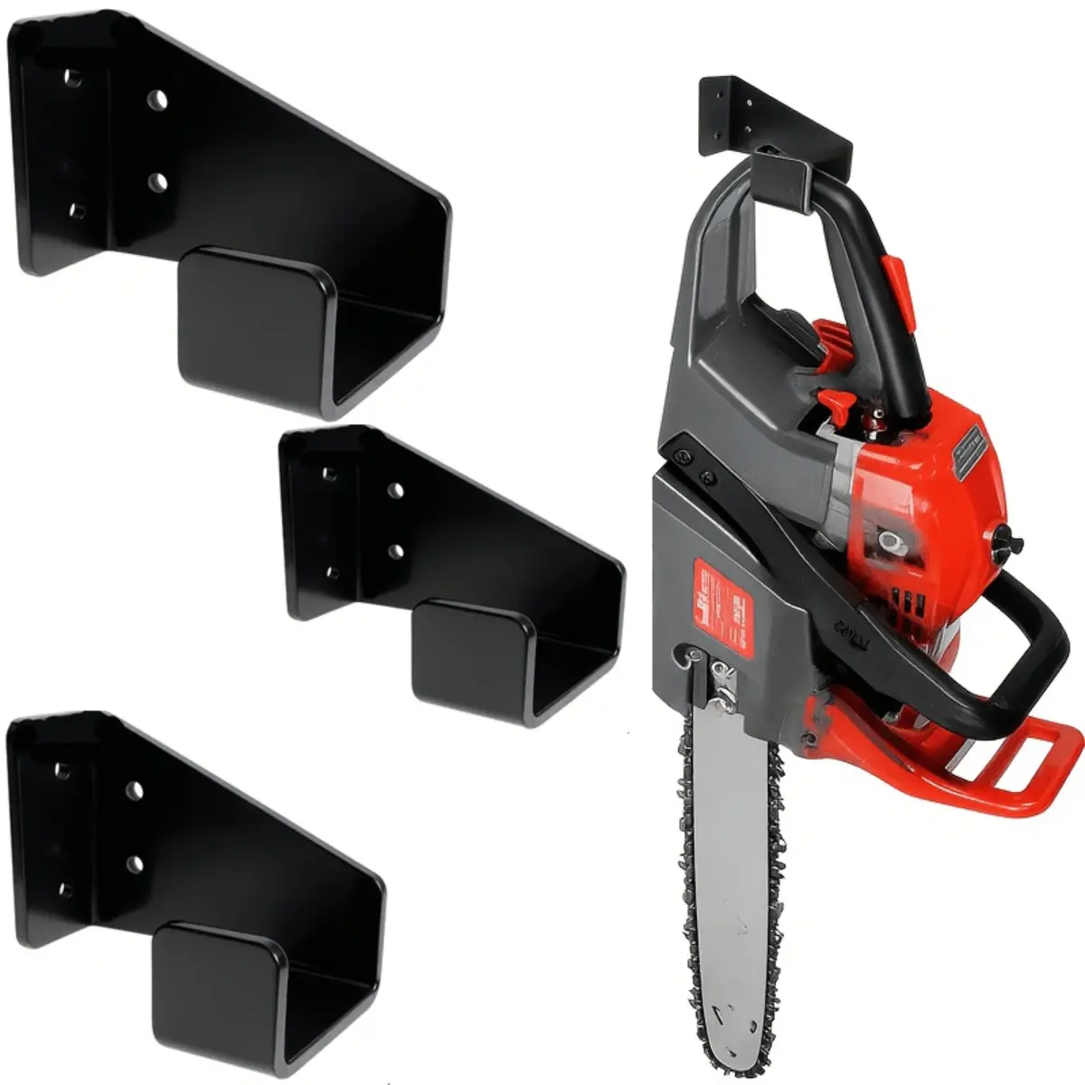 3PCS Heavy Duty Chainsaw Storage Hooks, Powder Coated Iron Wall Mount Garage Tool Organizer for Gas and Electric Chainsaws, Space Saving Workshop Storage System with Anchors and Screws