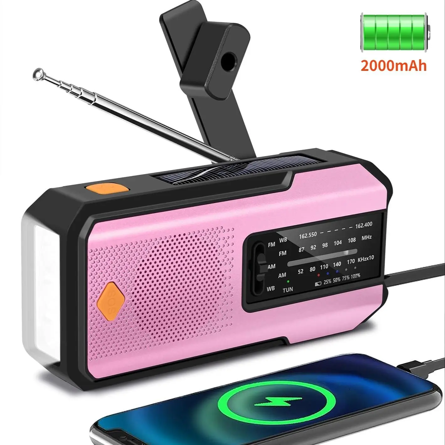Emergency Hand Crank Radio, Durability AM/FM Dual Band Radio, Portable Weather Multifunctional Radio with 3 LED Flashlight, 2000mAh Power Bank Phone C