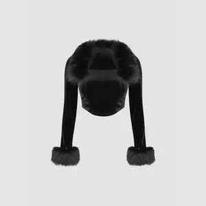 Cider [size 2-10] Velvet Solid Square Neck Fuzzy Crop Blouse