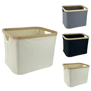 Linen Fabric Storage Basket with Bamboo Frame, Collapsible Organizer Bin (With/Without Lid) for Clothes, Toys, Home Organization