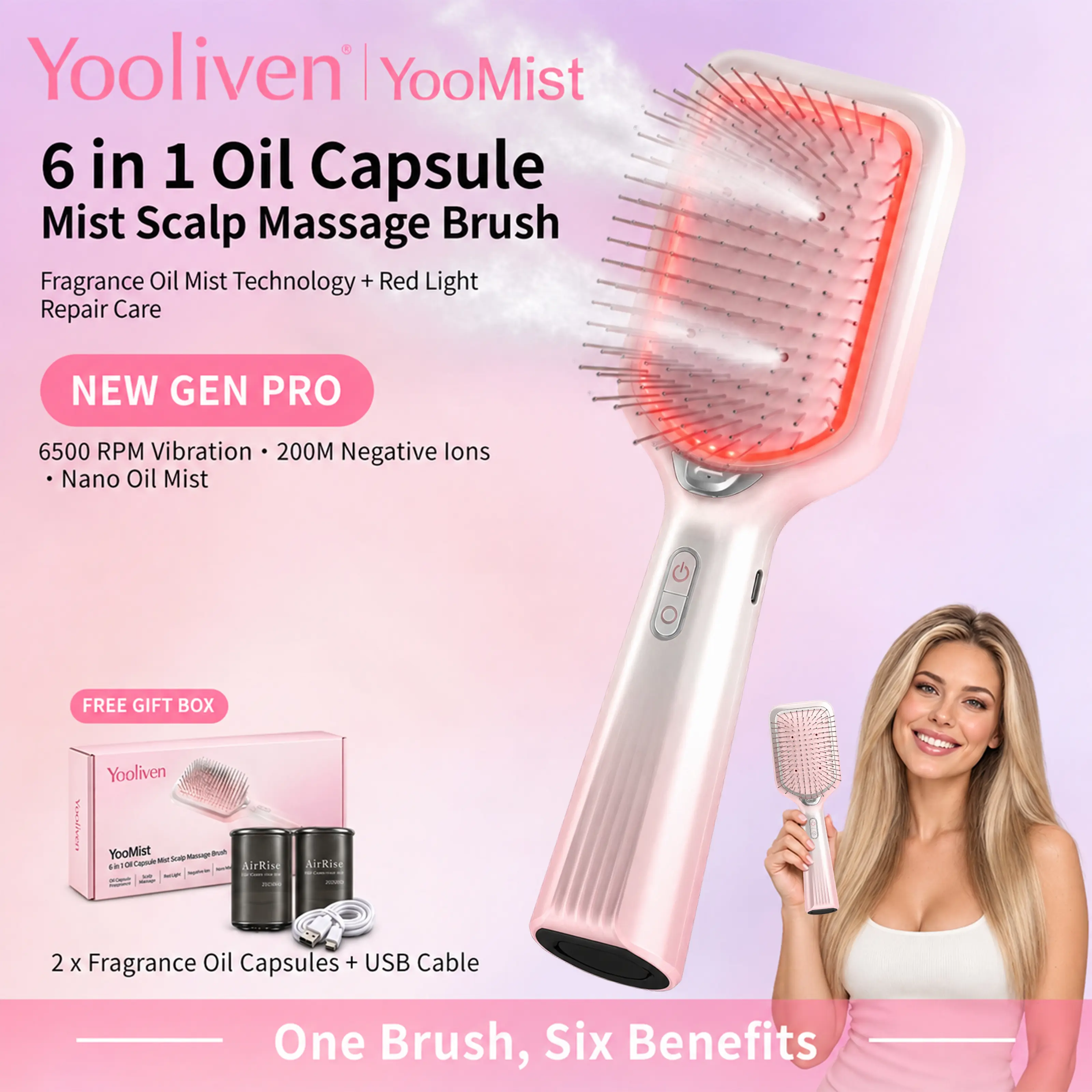 Yooliven YooMist 6-in-1 Oil Capsule Mist Scalp Massage Brush - 200M Negative Ions, 6500 RPM Vibration Massage, Dual-Wavelength Red Light, Air Cushion Detangler for Frizz Control, Daily Scalp Care Gift