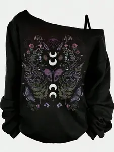 Y2K Dark Academia Witchy Snake Moon & Butterfly Graphic, Print Cotton Soft Long Sleeve Oversized Sweatshirt, Aesthetic Occult Pastel Goth Cottagecore Casual Pullover, Celestial Mystical Boho Hippie Comfortable Loose Fit Top for Teens Adults, Womenswear
