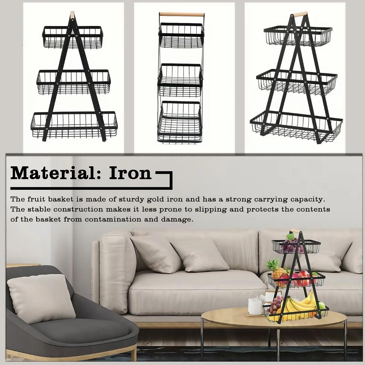 3-Tier Fruit Basket Stand with Wooden Handle, Metal Wire Storage Rack for Fruits, Bread, Snacks & Vegetables, Large Capacity Kitchen Counter Organizer, Space Saving Tiered Food Storage Rack, Home Kitchen Decor