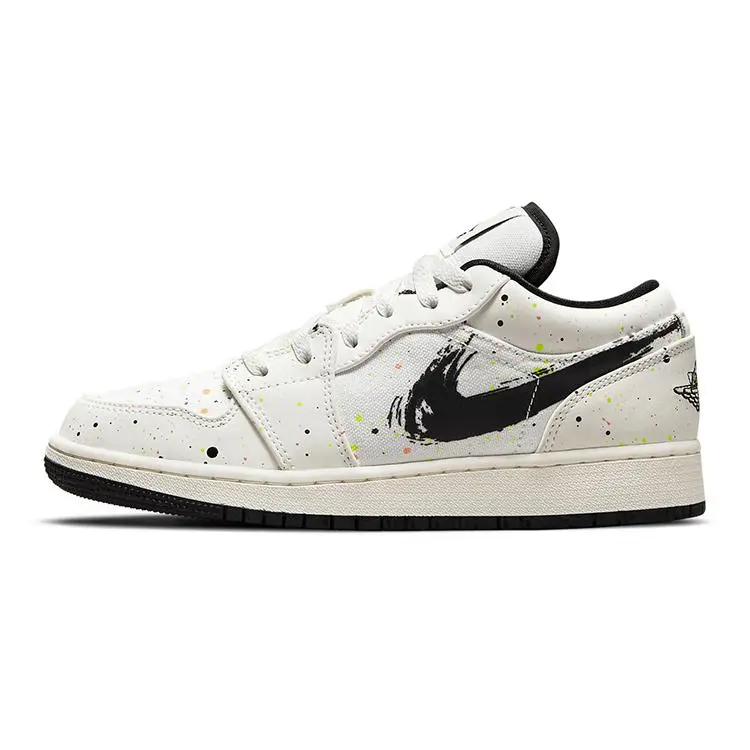 NIKE Youth/Women's Air Jordan 1 Low SE 'Paint Splatter' Athletic Trainer - Leather Upper Low-Top Sneaker, Novelty Print, Runs Small, Comfy, Stylish, Casual, Closed, Everyday Sports Footwear