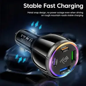 75w 4-In-1 Car Charger, Rapid Charger with Super Fast Charging, Stable Fast Charging, 2 USB & 2 Type-C Ports, RGB Ambient Light, Compatible with iPhone 16 Pro/16/15 Pro/15 & Samsung S25/s24/s23