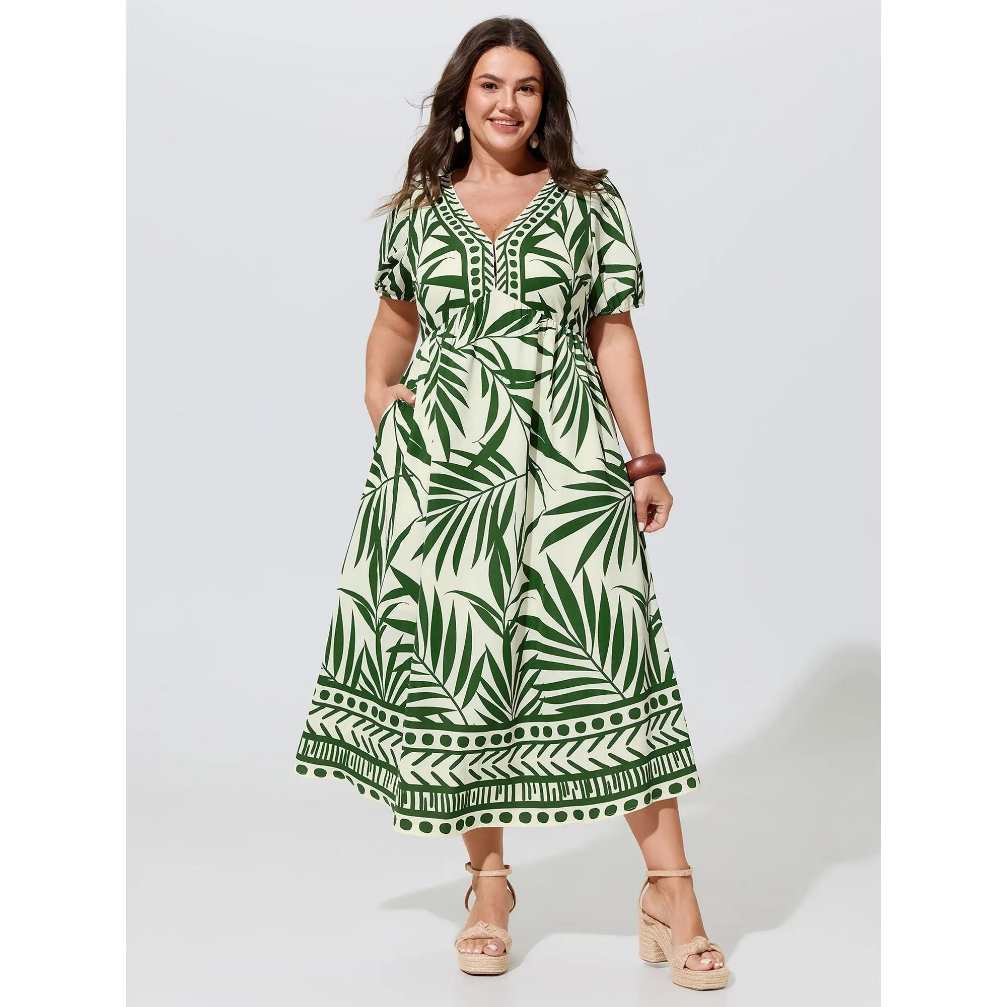 BloomChic Women's Plus Size Polyester Short-Sleeve V-Neck Midi Dress - Tropical Palm Print, Pocket, Smooth Fabric, 2026 Summer Style Clothes, Flutter Sleeve Casual Dresses, Sizes M-6X