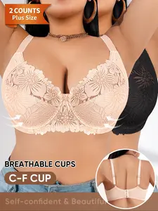 Plus Size C-F Cup Breathable Lace Push-Up Bra, 2 Pack Comfortable Support, Casual Style, All Seasons, Medium Support, Unlined, Supportive Bra