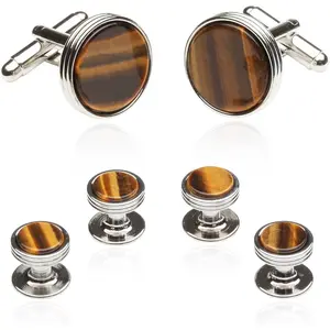 Tigers Eye Tuxedo Shirt Cufflinks Studs Formal Set for Men with Travel Presentation  Box for Groom Groomsmen Wedding Party