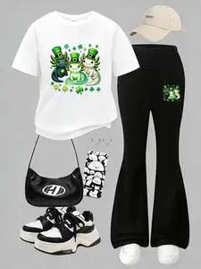 Girls Summer Breathable Comfort Fashion Casual Set Lucky Clover Salamander Cartoon Print, Girls Short Sleeve T-Shirt + Bell Bottoms Two-Piece (3-12) Summer Clothing Set