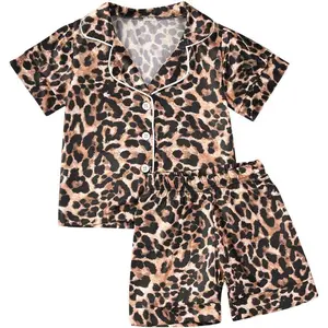 Kids' Unisex 2-Piece Lightweight Blend Leopard Print Cute Pajama Set - Short-Sleeve Button-Down Top, Elastic Waist Pajama Shorts, for Toddlers, Cute Pajama Sets