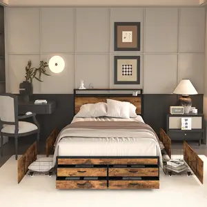 Full Size Platform Bed Frame with Storage Headboard and 8 Drawers, Metal Full Storage Bed with Charging Station and LED Light, Heavy Duty Frame Support, No Box Spring Needed, Noise Free, Brown