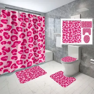 1/4-piece Valentine's Day Pink Leopard Print Shower Curtain Set, Bathroom decoration accessories, with non-slip mat, U-shaped rug, and toilet seat cover. Perfect for bathroom decoration. Comes with 12 shower curtain hooks, Bathroom Supplies